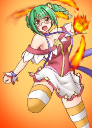 Rule 34 | 1girl, asahina eriko, bare shoulders, braid, breasts, fire, glasses, green hair, large breasts, open mouth, pani poni dash!, skirt, solo, star (symbol), striped clothes, striped thighhighs, thighhighs, utomo