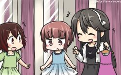 Rule 34 | +++, 3girls, alternate costume, black hair, blush, casual, commentary, dated, dress, fitting room, gradient hair, hair ornament, hairclip, hamu koutarou, haruna (kancolle), highres, kantai collection, mirror, multicolored hair, multiple girls, mutsuki (kancolle), open mouth, red hair, short hair, short sleeves, sleeveless, sleeveless dress, z3 max schultz (kancolle)