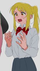 Rule 34 | 2girls, blonde hair, bocchi the rock!, breast envy, breasts, collared shirt, commentary request, cowboy shot, gotoh hitori, grey background, grey shirt, grey skirt, hands up, highres, ijichi nijika, large breasts, long hair, looking at breasts, multiple girls, neck ribbon, open mouth, orange eyes, out of frame, red ribbon, ribbon, shirt, shirt tucked in, side ponytail, simple background, skirt, square mouth, sukoya tsukasa, sweatdrop