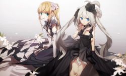 Rule 34 | 1boy, 1girl, bare arms, bare shoulders, black dress, black gloves, blonde hair, blue eyes, blush, breasts, chevalier d&#039;eon (fate), chevalier d&#039;eon (formal dress) (fate), closed mouth, crossdressing, dress, elbow gloves, fate/grand order, fate (series), flower, gloves, green eyes, grey background, hair flower, hair ornament, long hair, looking at viewer, marie antoinette (fate), marie antoinette (formal dress) (fate), medium breasts, no-kan, official alternate costume, parted lips, silver hair, sitting, smile, trap, white gloves