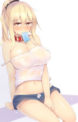 Rule 34 | 1girl, animal collar, arm support, blonde hair, blush, breasts, collar, covered erect nipples, female focus, food, food in mouth, highres, ice cream, kubiwa (kutan), kutan, large breasts, long hair, looking at viewer, navel, off shoulder, original, see-through, see-through silhouette, shiny skin, short shorts, shorts, simple background, sitting, solo, wet, wet clothes, yellow eyes