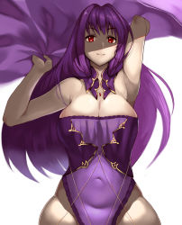 Rule 34 | 1girl, absurdres, adapted costume, bare shoulders, breasts, cape, choker, cleavage, covered navel, fate/grand order, fate (series), highres, kisaragi tsurugi, large breasts, light smile, long hair, looking at viewer, one-piece swimsuit, red eyes, scathach (fate), scathach skadi (fate), shadow, solo, swimsuit, white background