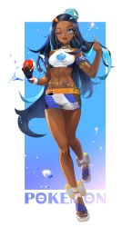 Rule 34 | 1girl, absurdres, black hair, blue background, blue eyes, blue hair, breasts, check commentary, commentary request, copyright name, creatures (company), dark-skinned female, dark skin, earrings, full body, game freak, gloves, gym leader, hair bun, highres, hoop earrings, jewelry, long hair, looking at viewer, medium breasts, multicolored hair, navel, necklace, nessa (pokemon), nintendo, one eye closed, poke ball, poke ball (basic), pokemon, pokemon swsh, simple background, single glove, single hair bun, solo, swimsuit, taak choi, two-tone background, two-tone hair, water, white background