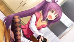 Rule 34 | 1girl, asahina chitose, bow, char, collarbone, cosmic cute (company), female focus, game cg, gleam garden no shoujo, hair bow, hair ornament, long hair, long sleeves, open mouth, ponytail, purple hair, sitting, skirt, solo, thighhighs, tongue, white skirt, yellow eyes, zettai ryouiki