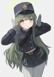 Rule 34 | 1girl, black hat, blue archive, blush, gloves, green hair, green halo, halo, hat, hikari (blue archive), highres, long hair, long sleeves, pantyhose, peaked cap, pointy ears, tail, teruriu, white gloves, white pantyhose, yellow eyes