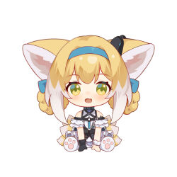 1girl absurdres animal_ears arknights bare_shoulders black_gloves blonde_hair braid braided_hair_rings chibi chibi_only chinese_commentary colored_tips commentary_request earpiece fox_ears fox_girl fox_tail full_body gloves green_eyes hair_rings highres infection_monitor_(arknights) kitsune kyuubi looking_at_viewer material_growth multicolored_hair multiple_tails open_mouth oripathy_lesion_(arknights) pantyhose paw_print_soles shio_(shiofeifei) short_hair simple_background single_glove sitting solo straight-on suzuran_(arknights) tail two-tone_hair white_background white_hair white_pantyhose