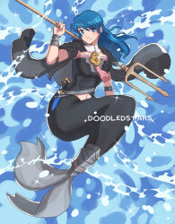 Rule 34 | 1girl, armor, blue hair, byleth (female) (fire emblem), byleth (fire emblem), doodledstars, fire emblem, highres, long hair, looking at viewer, mermaid, monster girl, navel, nintendo, polearm, smile, solo, trident, weapon