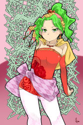 Rule 34 | 1990s (style), 1girl, bow, breasts, cape, detached sleeves, dress, earrings, elbow gloves, final fantasy, final fantasy vi, gloves, green eyes, green hair, hair ribbon, jewelry, long hair, looking at viewer, matching hair/eyes, pantyhose, ponytail, ragunaroku, ribbon, solo, standing, strapless, strapless dress, tina branford