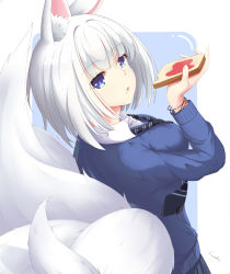 Rule 34 | 1girl, absurdres, alternate costume, animal ears, azur lane, blue eyes, blunt bangs, breasts, commentary request, fox ears, fox tail, highres, holding, kaga (azur lane), large breasts, long sleeves, multiple tails, school uniform, short hair, solo, tail, voids, white hair