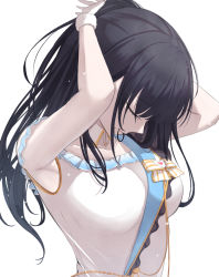 Rule 34 | 1girl, adjusting hair, alternate breast size, armpits, arms behind head, arms up, black hair, bow, breasts, closed mouth, collared dress, dress, fur-trimmed gloves, fur trim, gloves, hair tie, half gloves, head down, heart, highres, idolmaster, idolmaster shiny colors, kazano hiori, medium breasts, mole, mole under mouth, mouth hold, short sleeves, sidelocks, simple background, solo, striped, striped bow, upper body, white background, white dress, white gloves, yoshimoto (carpsukidayo)