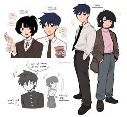 Rule 34 | 1boy, 1girl, black eyes, black footwear, black hair, black necktie, black pants, brother and sister, brown jacket, closed mouth, coffee cup, collared shirt, commentary, crying, cup, disposable cup, english commentary, english text, full body, gakuran, gender transitioning, genderswap, genderswap (mtf), grey pants, hair bun, hands in pockets, highres, holding, holding cup, jacket, kageyama ritsu, kageyama shigeo, kaogens, lgbt pride, long sleeves, looking at another, looking at viewer, mars symbol, mob psycho 100, multiple views, necktie, open mouth, pants, pink shirt, school uniform, serafuku, shirt, shoes, short hair, siblings, simple background, skirt, smile, standing, thought bubble, transgender flag, venus symbol, white background, white shirt