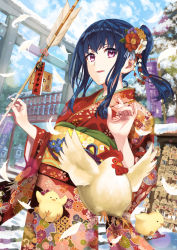 Rule 34 | 1girl, agetake, arrow (projectile), bird, blue hair, chick, chicken, chinese zodiac, day, ema, feathers, floral print, flower, furisode, hair ornament, hamaya, hands up, happy new year, highres, holding, holding arrow, japanese clothes, kanzashi, kimono, long hair, looking at viewer, new year, obi, original, outdoors, parted lips, pink eyes, purple flower, red flower, red kimono, sash, shrine, side ponytail, smile, snow, solo, torii, upper body, wide sleeves, year of the rooster, yellow flower