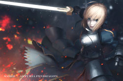 Rule 34 | 1girl, absurdres, action, ahoge, armor, armored dress, artoria pendragon (all), artoria pendragon (fate), blonde hair, blue eyes, breastplate, character name, english text, excalibur (fate/stay night), fate/stay night, fate (series), fire, gauntlets, highres, holding, holding sword, holding weapon, lips, looking at viewer, nose, outstretched arms, parted lips, saber (fate), sai foubalana, short hair, solo, sword, weapon