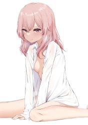 Rule 34 | 1girl, absurdres, blush, breasts, closed mouth, collared shirt, hair between eyes, highres, inui sajuna, long hair, long sleeves, looking at viewer, no bra, open clothes, open shirt, pink hair, shirt, simple background, small breasts, solo, sono bisque doll wa koi wo suru, sweat, toshise., unbuttoned, unbuttoned shirt, wet, wet clothes, wet shirt, white background, white shirt