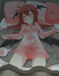 Rule 34 | 1girl, alternate costume, bed, blanket, blush, breasts, bubble, cup, demon wings, head wings, highres, koakuma, long hair, lying, nobamo pieruda, on back, pajamas, pillow, red hair, sleeping, solo, teacup, teapot, touhou, wince, wings