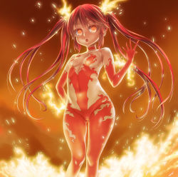 Rule 34 | 1girl, asanagi, bodysuit, breasts, choker, cthugha (nyaruko-san), elbow gloves, covered erect nipples, fiery hair, fire, fire, gloves, haiyore! nyaruko-san, highres, hip focus, long hair, looking at viewer, navel, open mouth, red eyes, red gloves, red hair, revealing clothes, small breasts, solo, twintails, very long hair, wide hips