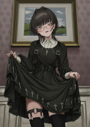 Rule 34 | 1girl, :d, absurdres, black hair, black nails, black thighhighs, blush, clothes lift, cross, cross necklace, dot nose, dress, dress lift, ear piercing, earrings, fingernails, gishiki (gshk), glasses, goth fashion, hair intakes, highres, jewelry, latin cross, long sleeves, looking at viewer, medium hair, nail polish, necklace, o-ring, o-ring thigh strap, open mouth, original, painting (object), piercing, round eyewear, skirt hold, smile, solo, standing, thigh strap, thighhighs, yellow eyes