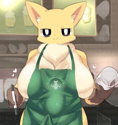 Rule 34 | 1boy, 1girl, :3, animal ears, apron, black eyes, breasts, bright pupils, closed mouth, colored skin, commentary request, cup, english text, fox boy, fox ears, fox girl, furry, furry female, furry male, green apron, heart, holding, holding cup, holding pen, huge breasts, iced latte with breast milk (meme), indoors, lets0020, looking at viewer, meme, menu, naked apron, original, pen, smile, solo focus, starbucks, text background, under another&#039;s clothes, upper body, white pupils, yellow skin