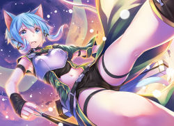 Rule 34 | 10s, 1girl, animal ears, arm strap, armor, arrow (projectile), blue eyes, blue hair, blush, breastplate, cat ears, clothing cutout, hinasaki you, light particles, looking at viewer, matching hair/eyes, navel, navel cutout, parted lips, short hair, short hair with long locks, short shorts, shorts, sidelocks, sinon, sinon (sao-alo), solo, sword art online, thigh strap, wings