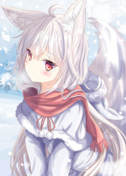 Rule 34 | 1girl, ahoge, animal ear fluff, animal ears, aruka (alka p1), blush, capelet, closed mouth, commentary request, fox ears, fox girl, fox tail, fringe trim, fur-trimmed capelet, fur trim, hair between eyes, highres, jacket, long hair, long sleeves, looking at viewer, original, red eyes, red scarf, scarf, silver hair, snow, snowing, solo, tail, tail raised, very long hair, white capelet, white jacket