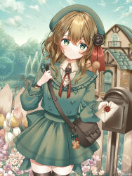 Rule 34 | 1girl, animal, animal on shoulder, black thighhighs, blush, bow, bowtie, brown hair, commentary request, dress, flower, green dress, green eyes, green headwear, green nails, hat, highres, holding, holding letter, house, kompeitou (lemon garden), letter, long sleeves, looking at viewer, mailbox (incoming mail), mailman, nail polish, original, outdoors, pink flower, purple flower, red bow, red bowtie, shirt, short hair, squirrel, thighhighs, tree, tulip, watch, wavy hair, white flower, white shirt, wristwatch