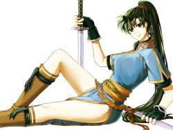 Rule 34 | 1girl, boots, closed mouth, delsaber, earrings, fingerless gloves, fire emblem, fire emblem: the blazing blade, gloves, green eyes, green gloves, green hair, hair between eyes, hair ornament, high ponytail, holding, holding sheath, holding sword, holding weapon, jewelry, knee boots, leaning back, long hair, lyn (fire emblem), nintendo, sheath, short sleeves, side slit, simple background, sitting, smile, solo, sword, very long hair, weapon, white background