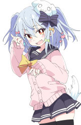 Rule 34 | 1boy, black bow, black skirt, black thighhighs, blue hair, bow, bright pupils, cardigan, dog hair ornament, duplicate, hair between eyes, hair bow, hair ornament, inuyama tamaki, ixy, long sleeves, looking at viewer, male focus, noripro, open mouth, orange eyes, pink cardigan, pixel-perfect duplicate, short hair, simple background, skirt, solo, striped, striped bow, tail, thighhighs, trap, twintails, virtual youtuber, white background, white pupils, yellow neckwear, zettai ryouiki