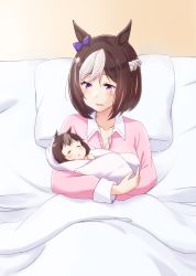 Rule 34 | 2girls, animal ears, baby, blanket, blush, bow, braid, brown hair, closed mouth, ear ribbon, french braid, highres, horse ears, horse girl, if they mated, mother and daughter, multicolored hair, multiple girls, open collar, open mouth, pillow, pink eyes, saku (kudrove), short hair, smile, special week (umamusume), streaked hair, umamusume, white hair