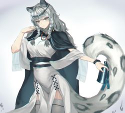 Rule 34 | 1girl, absurdres, animal ears, arknights, bead necklace, beads, bell, belt, black belt, black cape, braid, breasts, cape, commentary, cowboy shot, dress, grey background, grey eyes, grey thighhighs, hand up, head chain, highres, holding, holding bell, jewelry, leopard ears, leopard tail, long hair, looking at viewer, medium breasts, molyb, necklace, parted lips, pramanix (arknights), silver hair, solo, standing, tail, thighhighs, twin braids, white dress