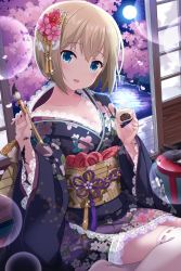 Rule 34 | 1girl, alternative girls, blonde hair, blue eyes, brush, cherry blossoms, floral print, flower, full moon, hair flower, hair ornament, highres, indoors, japanese clothes, kimono, looking at viewer, moon, obi, official art, open mouth, sash, short hair, smile, sylvia richter