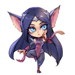 Rule 34 | 1girl, :&lt;, animal ears, bare shoulders, black hair, black pants, blue eyes, blush, boots, breasts, commentary, dress, english commentary, full body, hand up, irelia, league of legends, long hair, long sleeves, looking at viewer, medium breasts, pants, parted hair, phantom ix row, pointy ears, red dress, simple background, solo, white background, yordle