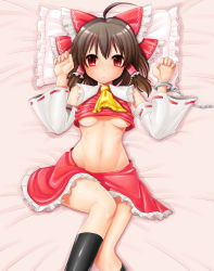 Rule 34 | 1girl, ahoge, aosode, ascot, black socks, blush, bow, breasts, brown hair, cuffs, detached sleeves, female focus, hair bow, hair tubes, hakurei reimu, handcuffs, japanese clothes, kneehighs, looking at viewer, lying, miko, navel, on back, pillow, red eyes, sidelocks, skirt, small breasts, socks, solo, touhou, underboob