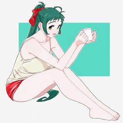 Rule 34 | 1girl, bad id, bad twitter id, barefoot, camisole, casual, cup, full body, green background, green eyes, green hair, grey background, irako (kancolle), kantai collection, long hair, looking at viewer, mug, ojipon, ponytail, rectangle, red shorts, short shorts, shorts, sitting, sleeveless, solo, spaghetti strap, two-tone background
