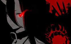 Rule 34 | 10s, 1girl, abyssal ship, battleship princess, black hair, collar, glowing, glowing eye, hair between eyes, highres, kantai collection, long hair, meranie, monochrome, red background, red eyes, simple background, solo, upper body