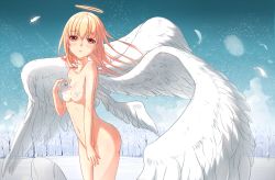 Rule 34 | 1girl, angel, angel wings, blonde hair, blush, breasts, censored, convenient censoring, feathered wings, feathers, forest, halo, long hair, nature, navel, nude, orange eyes, original, phantania, revision, small breasts, snow, snowing, solo, wind, wings