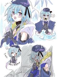 Rule 34 | 1boy, an fyhx, androgynous, arknights, bare shoulders, beret, blue hair, blush, chocolate, clothing cutout, food, food on face, hat, highres, hood, hood down, infection monitor (arknights), long hair, low ponytail, male focus, mizuki (arknights), open mouth, purple eyes, solo