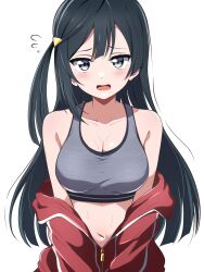 Rule 34 | 1girl, black hair, borgbutler, breasts, cleavage, clothes down, double-parted bangs, flustered, grey eyes, grey sports bra, highres, jacket, long hair, love live!, love live! nijigasaki high school idol club, medium breasts, navel, one side up, open mouth, red jacket, simple background, solo, sports bra, sweat, tagme, white background, yuki setsuna (love live!)
