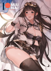 Rule 34 | 1girl, :d, ass, belt, black eyes, black hair, black thighhighs, blush, breasts, cleavage, gloves, goggles, goggles on head, granblue fantasy, jessica (granblue fantasy), large breasts, long hair, looking at viewer, lying, multiple belts, muunai, on side, open mouth, smile, solo, thighhighs, thighs, very long hair, white gloves