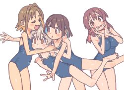 Rule 34 | 4girls, :d, :t, @ @, absurdres, annoyed, bare arms, bare legs, bare shoulders, barefoot, blue hair, blue one-piece swimsuit, blunt bangs, blunt ends, blush stickers, breasts, brown hair, closed eyes, colored inner hair, drooling, fang, flat chest, girl sandwich, grey hair, hair between eyes, hair intakes, hands on own cheeks, hands on own face, highres, himejoshi, hozuki momiji, hug, imamura ryou, large breasts, long hair, multicolored hair, multiple girls, murosaki miyo, oka asahi, one-piece swimsuit, onii-chan wa oshimai!, open mouth, orange hair, oyama mahiro, pout, red hair, sandwiched, short hair, simple background, small breasts, smile, swimsuit, two-tone hair, v-shaped eyebrows, wavy mouth, white background