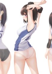 Rule 34 | 3girls, armpits, arms up, ass, ball, blue eyes, blurry, breasts, brown hair, depth of field, elbow pads, elbow sleeve, highres, knee pads, large breasts, minato ojitan, multiple girls, no pants, original, panties, pink panties, shirt, simple background, sleeveless, sleeveless shirt, solo focus, sportswear, stretching, underwear, volleyball uniform, white background