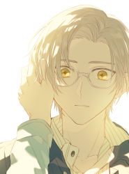 Rule 34 | 1boy, black jacket, glasses, hand on another&#039;s cheek, hand on another&#039;s face, highres, jacket, koeda (k83 4), long sleeves, looking at viewer, open mouth, polo shirt, rosa (tears of themis), short hair, simple background, solo, tears of themis, vyn richter (tears of themis), white background, white hair, yellow eyes