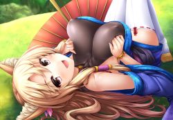 Rule 34 | 1girl, :d, bare shoulders, blonde hair, blue dress, blush, bodysuit, bracelet, breast hold, breasts, choker, cleavage, covered erect nipples, dress, fang, female focus, grass, hair tubes, impossible bodysuit, impossible clothes, japanese clothes, jewelry, kimono, large breasts, long hair, looking at viewer, lying, oil-paper umbrella, on back, open mouth, original, outdoors, parasol, ribbon-trimmed legwear, ribbon trim, short kimono, skin tight, smile, solo, tabi, thighhighs, umbrella, uni8, very long hair, white thighhighs, zettai ryouiki