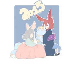 Rule 34 | 2015, 2girls, :d, animal ears, blue background, blue eyes, blue kimono, closed mouth, commentary request, doremi (doremi4704), english text, hair bun, hair ornament, hairclip, happy new year, japanese clothes, kimono, kneeling, korean commentary, long sleeves, mouse ears, multiple girls, new year, obi, one eye closed, open mouth, original, rabbit ears, red hair, sandals, sash, single hair bun, smile, tabi, white legwear, wide sleeves