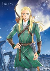 Rule 34 | 1boy, arrow (projectile), belt, blonde hair, blue eyes, bow (weapon), bracer, braid, brown belt, character name, closed mouth, full moon, green robe, hair slicked back, hand on own hip, highres, kazuki-mendou, legolas, long hair, looking at viewer, male focus, moon, pants, pointy ears, quiver, robe, rooftop, scabbard, sheath, sheathed, side braids, signature, smile, solo, standing, sword, the lord of the rings, tolkien&#039;s legendarium, tolkien's legendarium, weapon, weapon on back