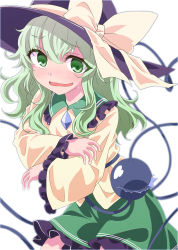 Rule 34 | 1girl, bow, breasts, collared shirt, eyes visible through hair, frilled shirt collar, frilled skirt, frilled sleeves, frills, furrowed brow, green eyes, green hair, green skirt, hair between eyes, hat, hat bow, heart, heart of string, highres, komeiji koishi, long hair, long sleeves, looking at viewer, miniskirt, mr.milk caramel, open mouth, purple hat, shirt, simple background, skirt, small breasts, solo, sweat, third eye, touhou, wavy hair, white background, yellow bow, yellow shirt