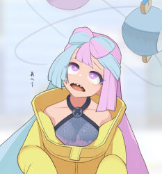 Rule 34 | 1girl, breasts, bright pupils, commentary request, creatures (company), dizzy, game freak, green hair, grey shirt, highres, iono (pokemon), jacket, kellila93, long hair, multicolored hair, nintendo, open mouth, pink hair, pokemon, pokemon sv, purple eyes, rolling eyes, shirt, sleeveless, sleeveless shirt, small breasts, solo, teeth, tongue, two-tone hair, upper teeth only, white pupils, yellow jacket