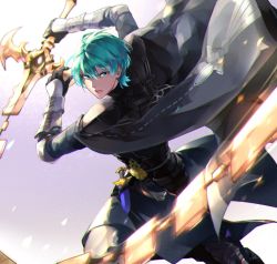 Rule 34 | 1boy, aqua eyes, aqua hair, arm up, armor, black cape, black gloves, byleth (fire emblem), byleth (male) (fire emblem), cape, dagger, fire emblem, fire emblem: three houses, gloves, heroes relic (fire emblem), highres, holding, holding sword, holding weapon, knife, male focus, nintendo, open mouth, shiroi (shiroicbe), short hair, simple background, solo, sword, sword of the creator, weapon, whip sword