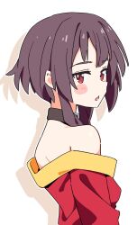 1girl :&lt; arms_at_sides bare_shoulders black_choker blush blush_stickers breasts brown_hair chestnut_mouth choker commentary dress drop_shadow from_side hair_over_shoulder highres kono_subarashii_sekai_ni_shukufuku_wo! long_sleeves looking_at_viewer looking_to_the_side megumin noyama_takenoko off-shoulder_dress off_shoulder open_mouth red_dress red_eyes short_hair short_hair_with_long_locks shoulder_blades sidelocks simple_background small_breasts solo upper_body white_background yellow_trim