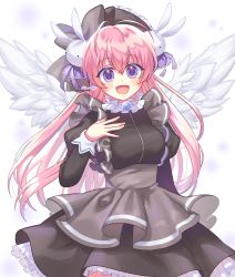 Rule 34 | 1girl, angel wings, black bow, black dress, black hat, bow, dress, feathered wings, frills, grey bow, grey dress, grey hat, hair ornament, hand on own chest, hat, hat bow, highres, juliet sleeves, long hair, long sleeves, looking at viewer, misha (pita ten), petticoat, pink hair, pita ten, puffy long sleeves, puffy sleeves, purple eyes, rabbit hair ornament, shi mohaji, simple background, solo, very long hair, white background, white wings, wings