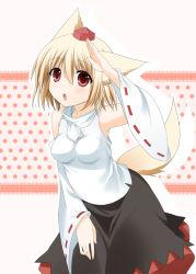 Rule 34 | 1girl, animal ears, armpits, bare shoulders, blonde hair, breasts, detached sleeves, female focus, hand on own face, hat, inubashiri momiji, mashima (sumachi), red eyes, shirt, short hair, skirt, solo, tail, touhou, white background, wolf ears, wolf tail